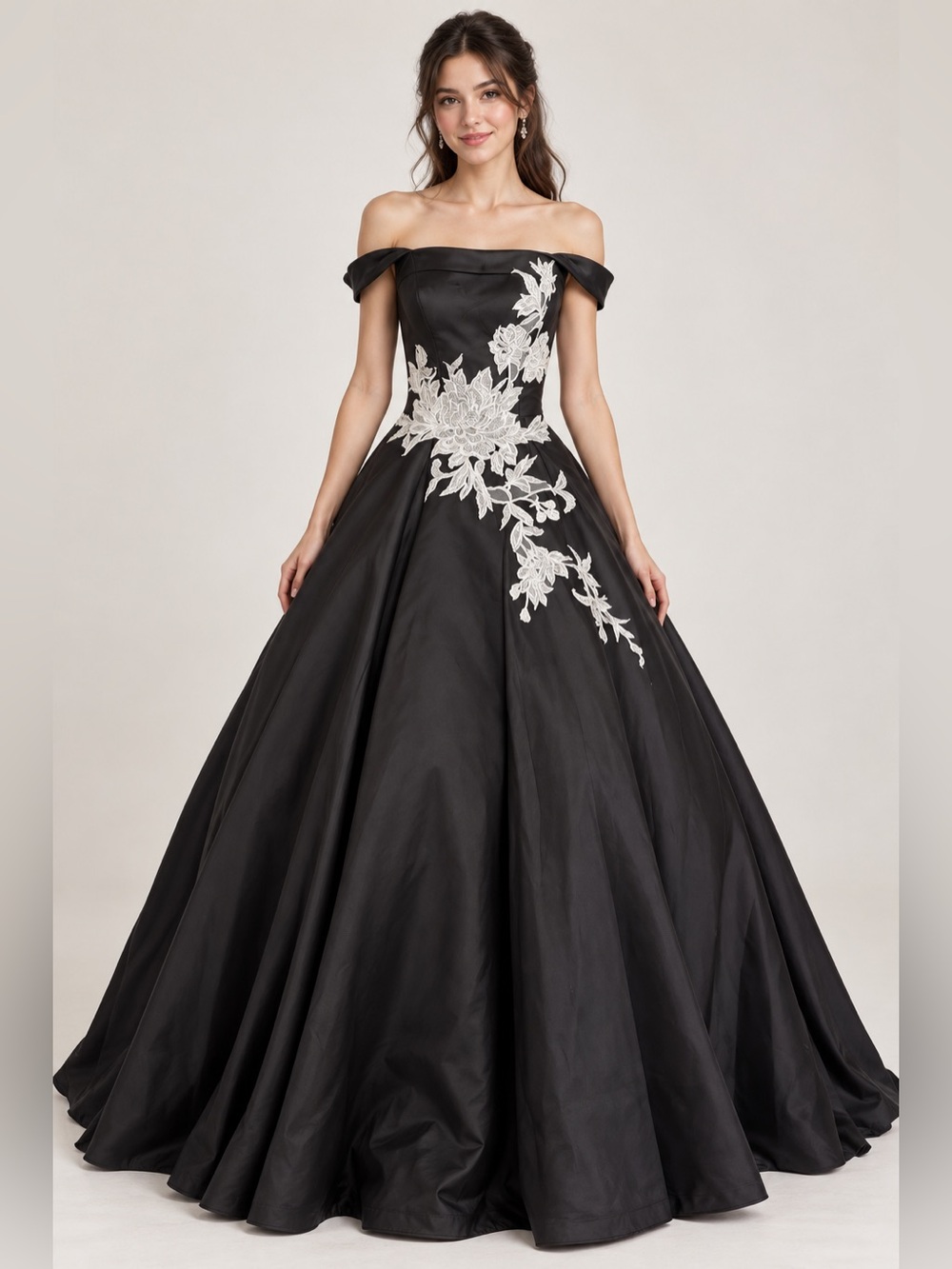 Terani Couture Off-Shoulder Black Ball Gown with White Floral Appliqué
